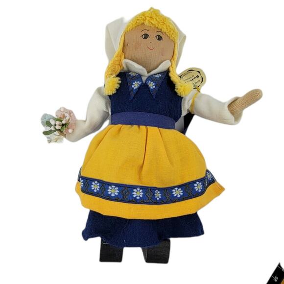 Original Butticki Of Sweden Handmade Wood Doll In Dress With Flowers 8" Tall - Picture 2 of 10